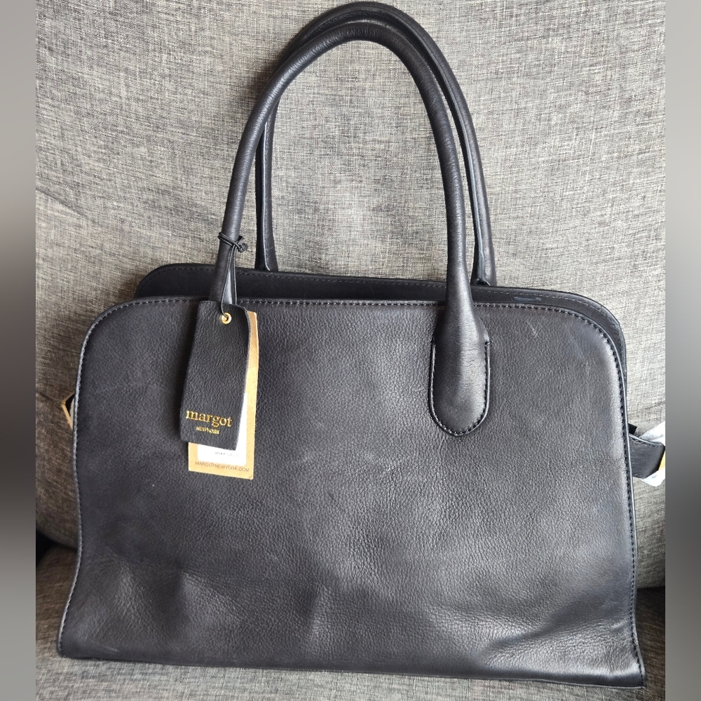 New!Margot New York Genuine Leather Bowling Bag Tote  Black Handbag Satchel